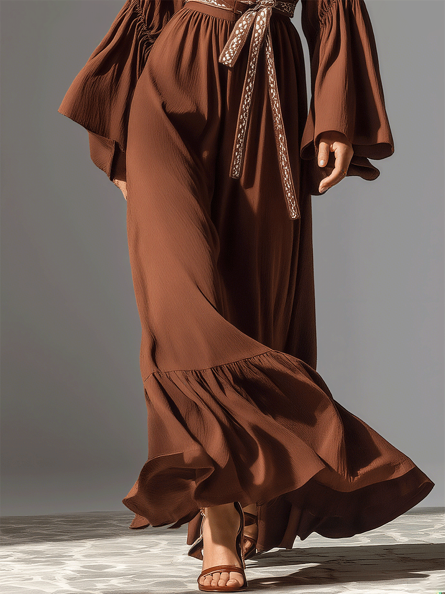 Women's Elegant Bohemian Chiffon Trumpet Sleeve Tie Maxi Dress (without belt) MDA0136H7I