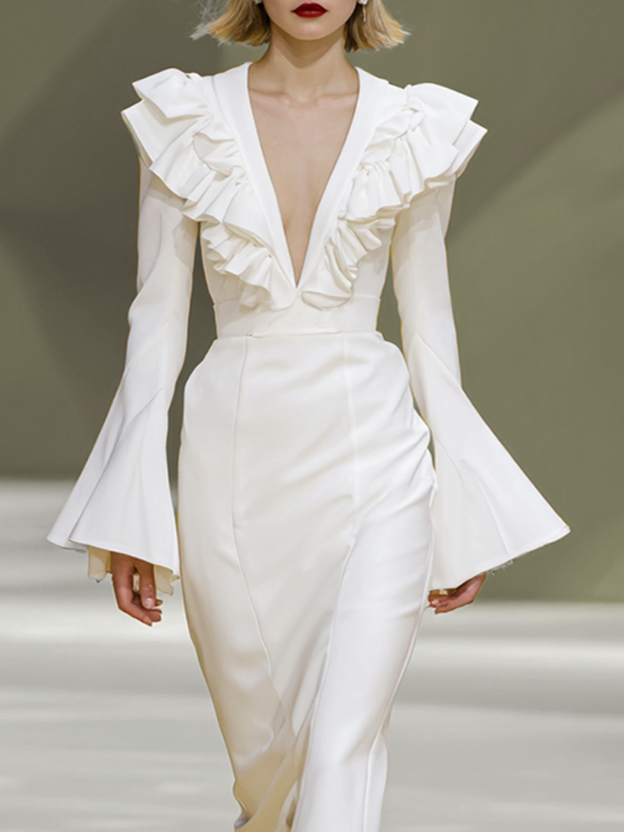 Women's White Ruffled Deep-V Long Sleeve Elegant Midi Dress MDA2461K3AP