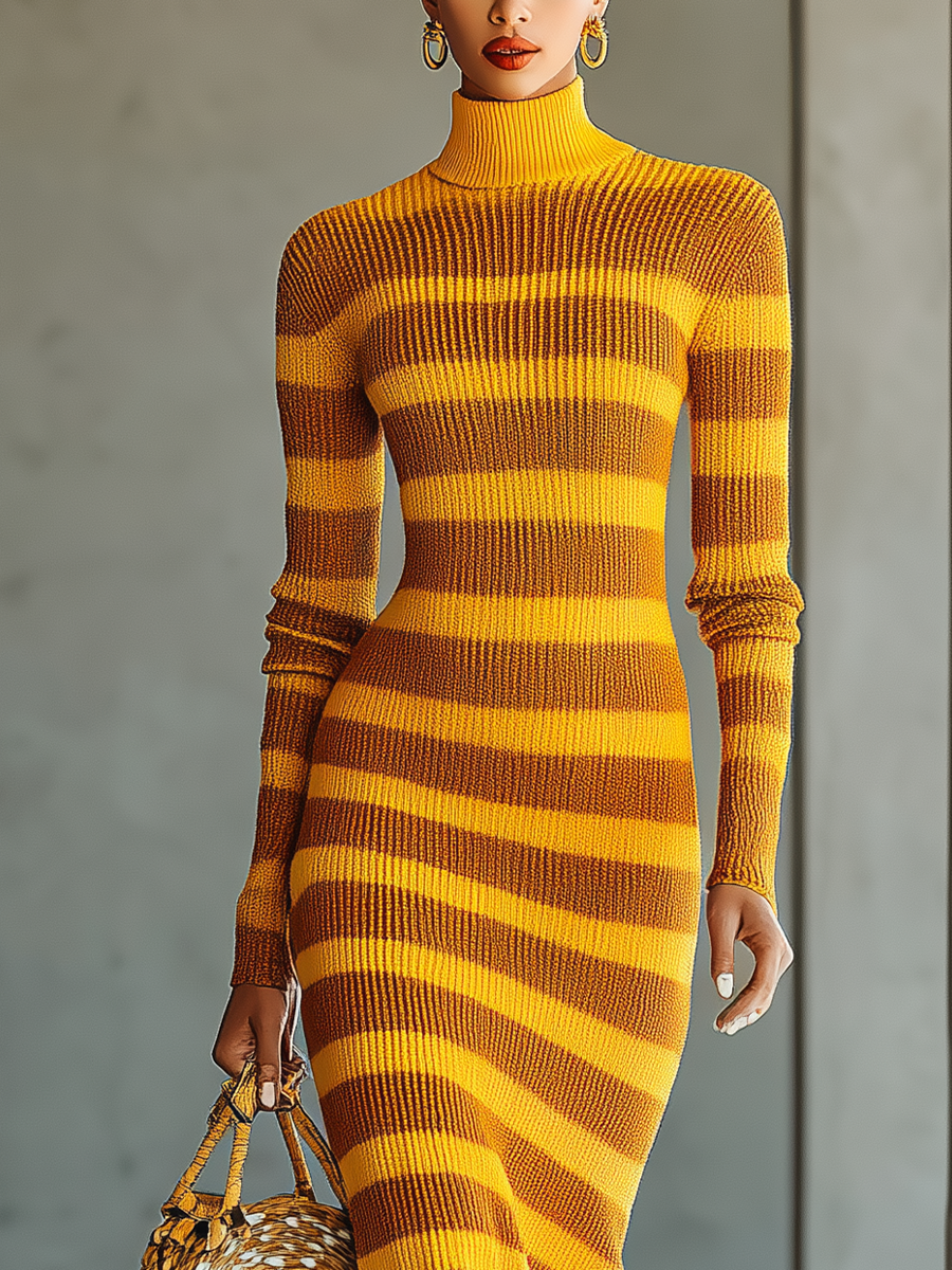 Women's Yellow Turtleneck Knitted Brown Striped Fitted Maxi Dress MDA0828I7T