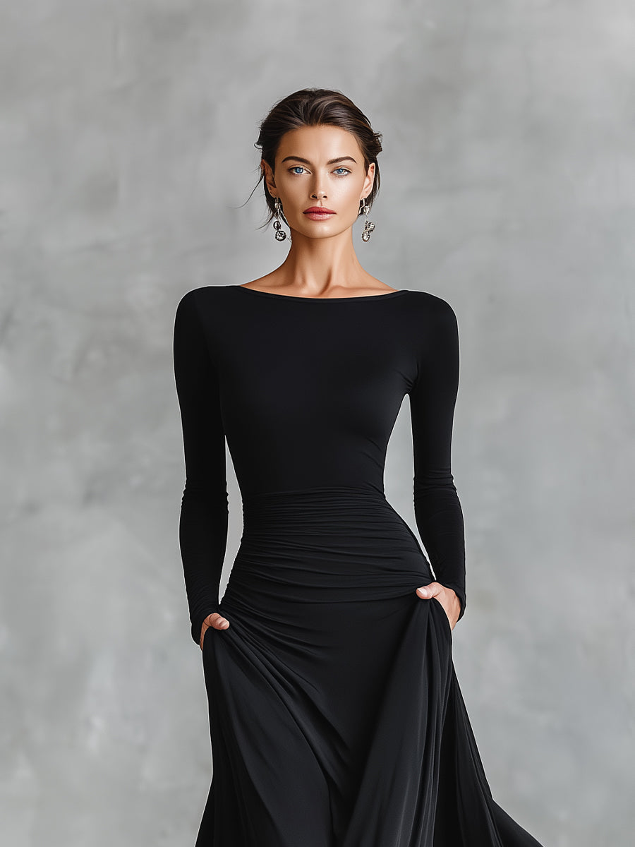 Women's Black Modern Crepe Ruched Boat - Neck Maxi Dress MDA1472J7I