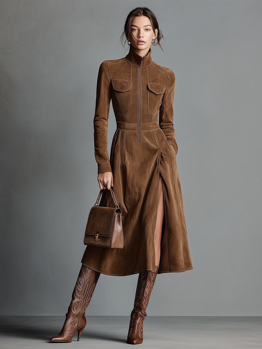 Women's Brown Faux Suede Elegant Midi Dress With Zip-Front & Contrast Stitching, Vintage Western Style Dress MDA2881J2I