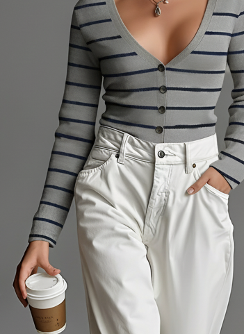 Women's Fashionable And Casual Grey Delicate Knitted Dark Blue Striped V-neck Long-sleeved Cardigan Paired With White Jeans MDA1327K6AN