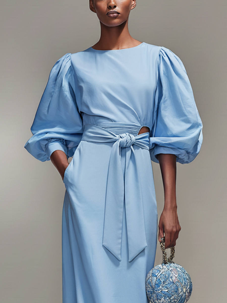 Women's Light Blue Cotton Blend Puff-sleeved Crop Top Long Dress MDA0974L7T