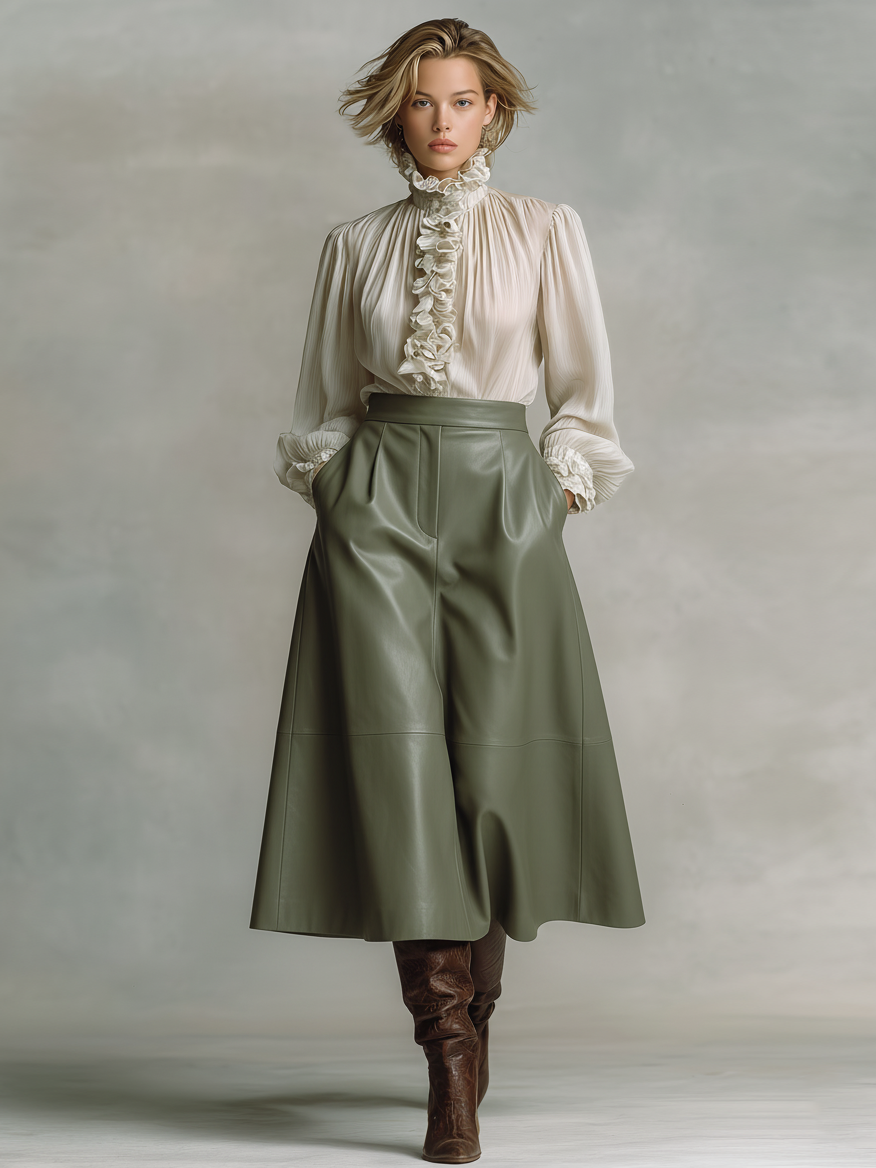 Women's Chiffon Blouse And Faux Leather Skirt Set MDA2463K9Y