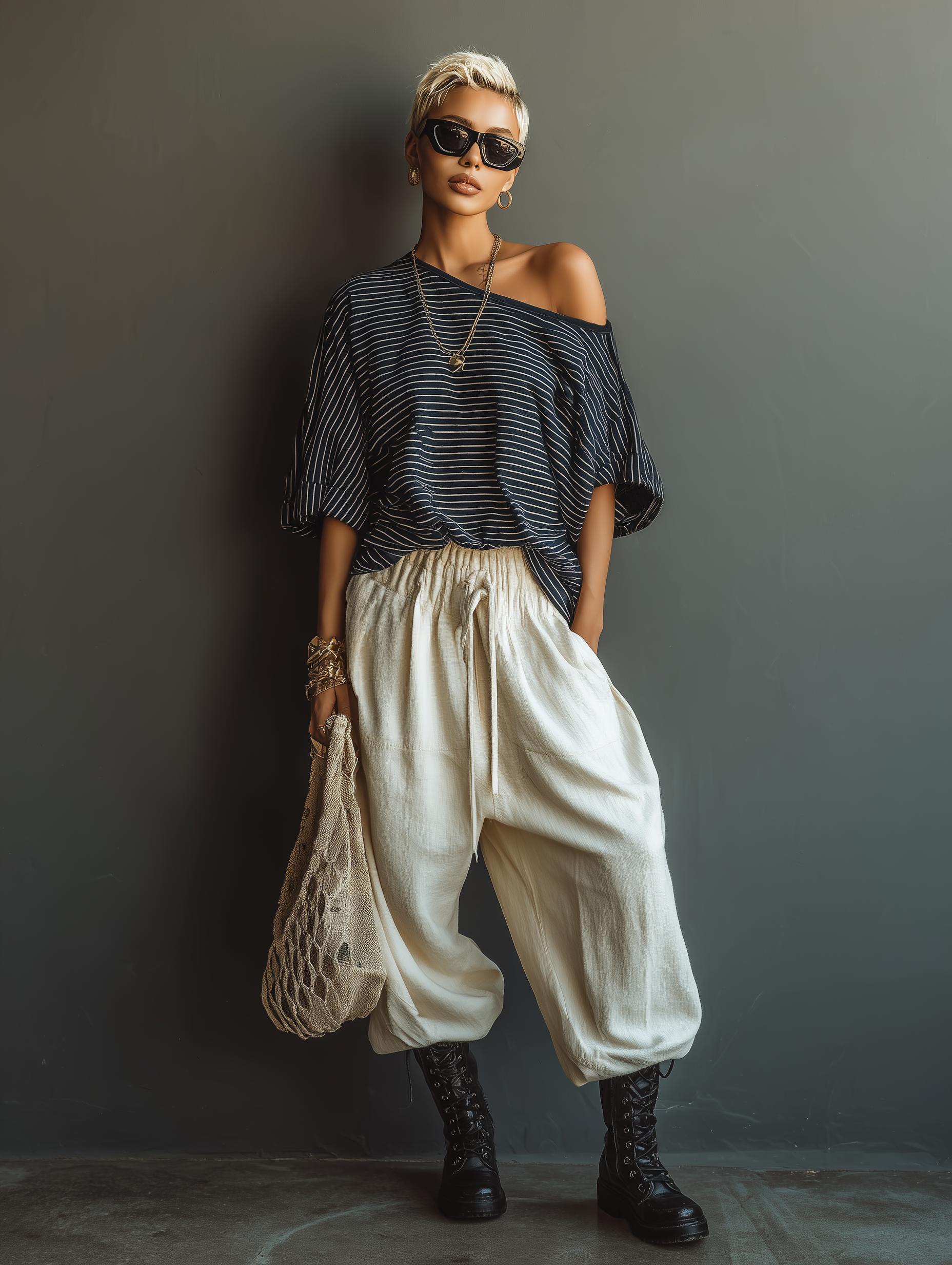 Women's Minimalist Loose Striped T-shirt And Wide-leg Pants Set MDA2324L8Y
