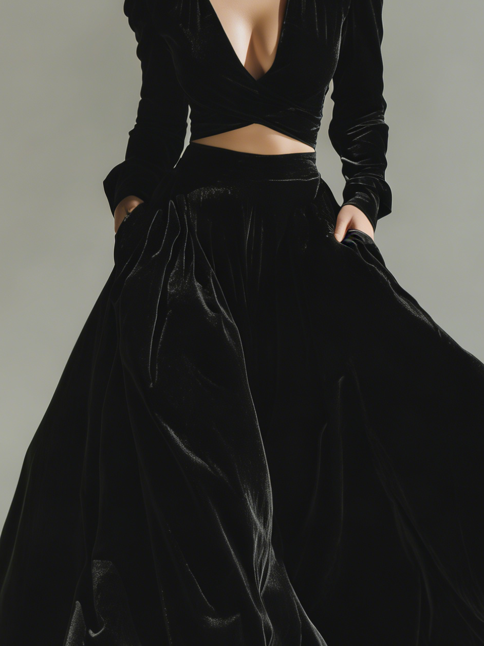 Women's Stylish Black Velvet V-neck Long-sleeved Crop Top Paired With A Long Skirt Set MDZ1309A1AN