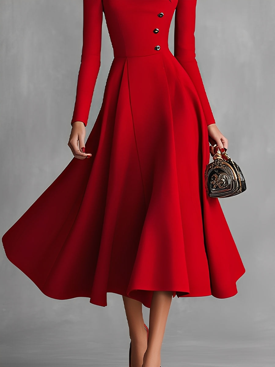 Women's Bright Red Textured Cotton Woven Midi Dress With Long Sleeves & Fitted Bodice, Sophisticated Evening Style Dress MDA2779K9I