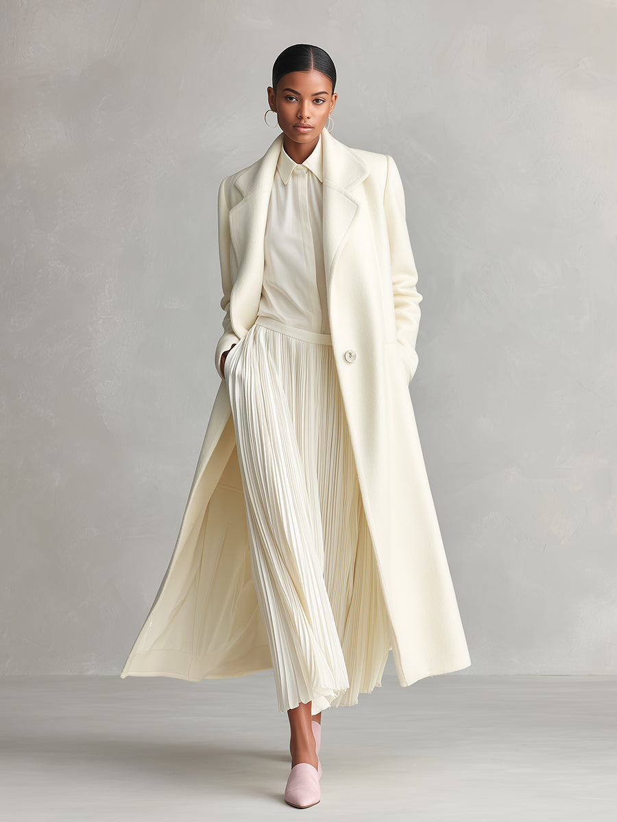 Women's Cream Elegant Wool - Blend Lapel - Collar Maxi Coat MDA1549I0I