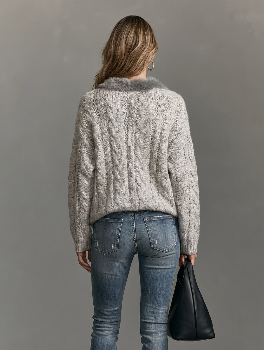 Women’s Elegant Grey V-neck Knit Sweater With Plush Trim At The Neckline