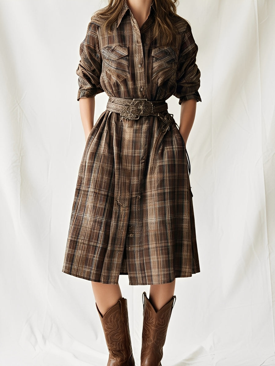 Women's Brown Plaid Shirt Dress With Midi Length & Button-Front, Retro Western Fashion Dress MDA2786J5I