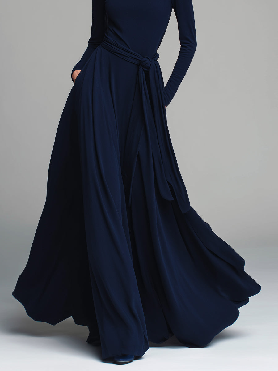 Women's Navy Blue Tie-Waist Stretchy Cotton-Blend Timeless Elegant-Glam Maxi Dress MDA1762L5I