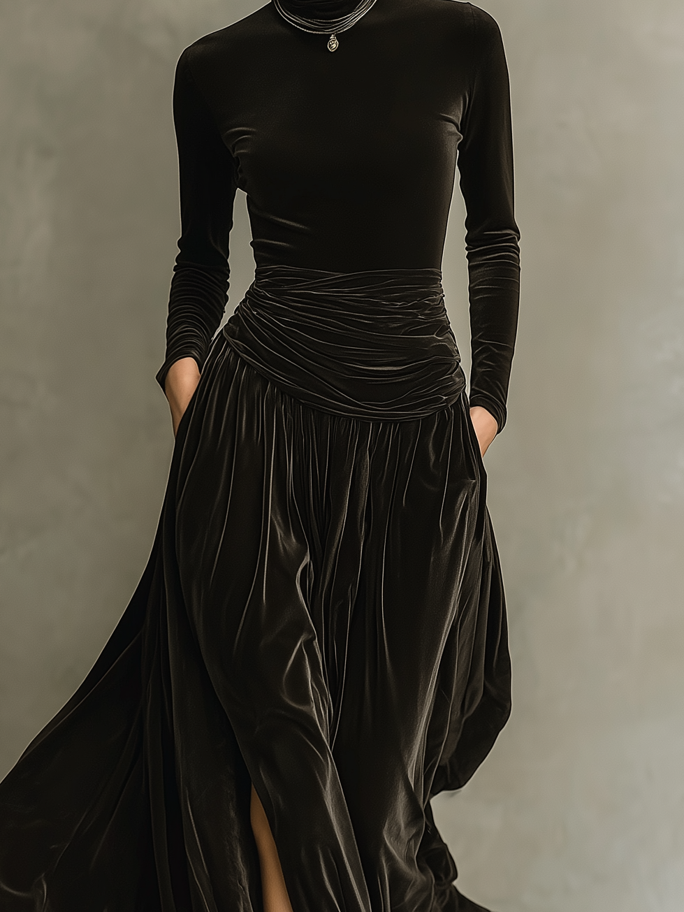 Women's Elegant Black Stretch Velvet Long-sleeved Fitted Waist Pleated Maxi Dress MDA1869L3AN