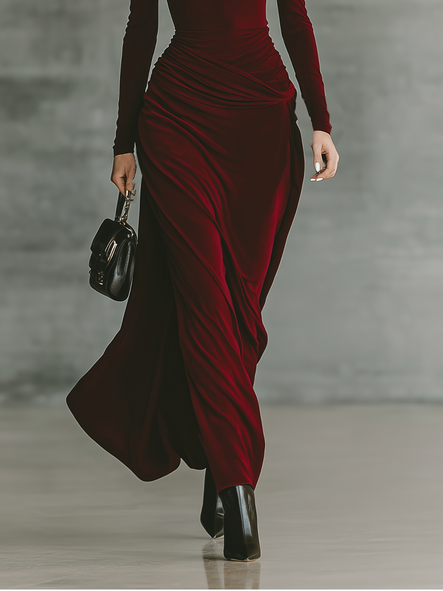Women's Burgundy Velvet High Neck Slim Fit Maxi Dress MDA2425J1T