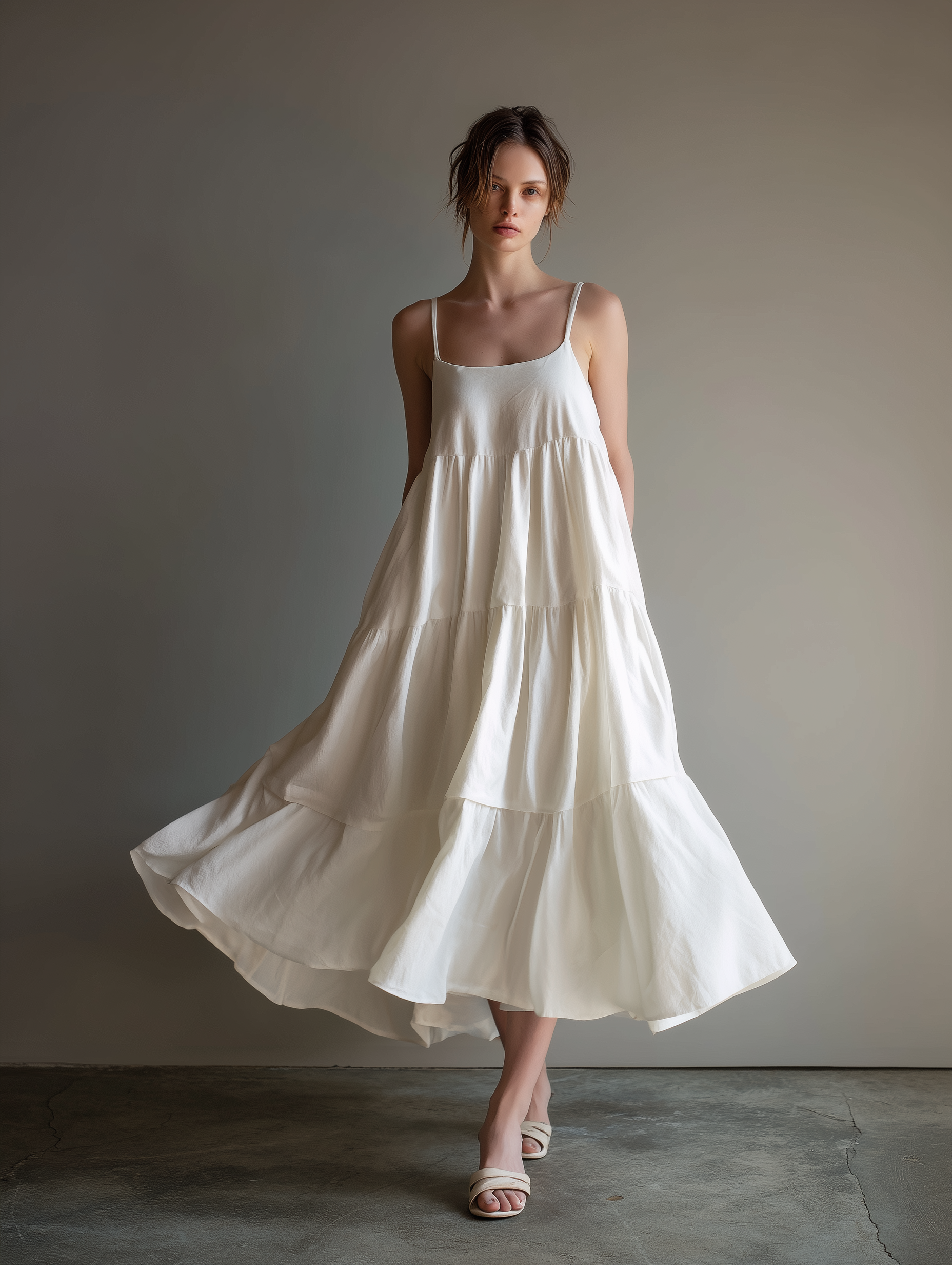 Women's Elegant White Woven Sleeveless Spaghetti Strap Loose Maxi Dress MDZ0950A4AN