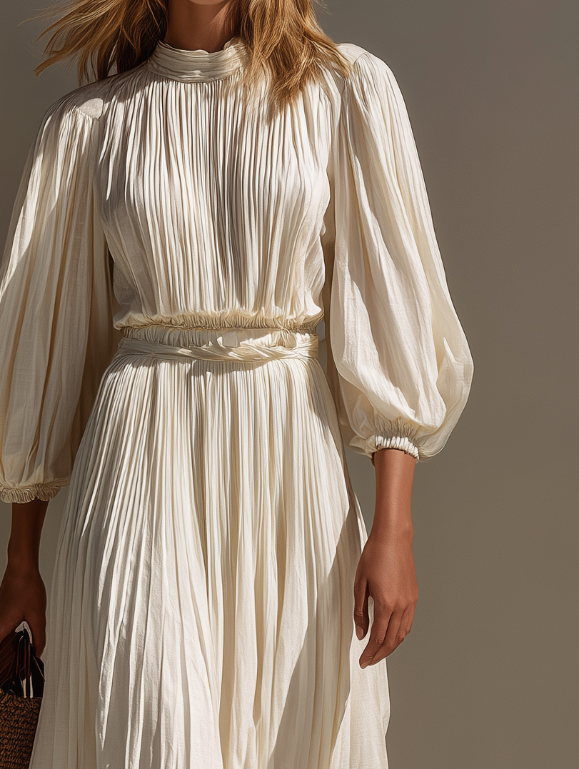 Women's Elegant And Fashionable White Loose-fitting Pleated Waist Elasticated Cuffs Mid-length Dress MDA1104K1AN