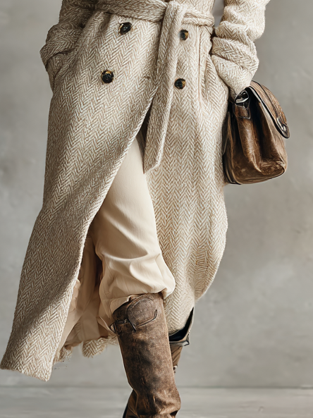 Women's Herringbone Wool Blend Double-Breasted Belted Long Coat MDA0928I5Y