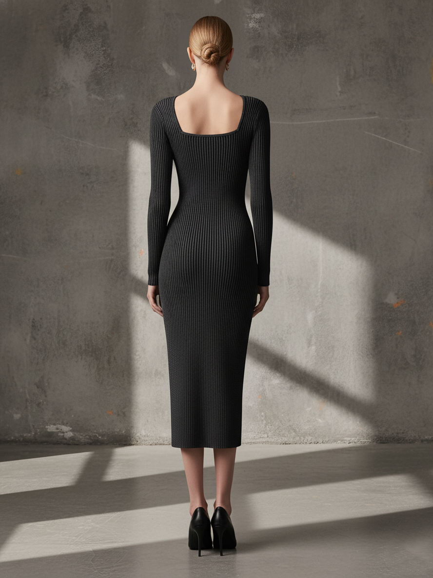 Women's Sleek Knit Charcoal Gray Square-Neck Ribbed Bodycon Midi Dress MDA1666L6AU