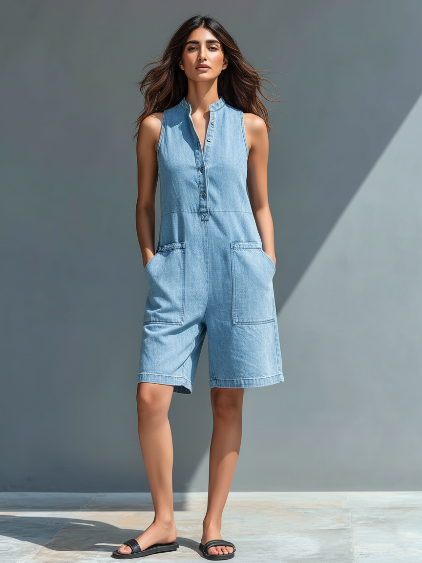 Women's Minimalist Washed Denim Sleeveless Loose-fitting Jumpsuit Shorts MDZ2700B2Y