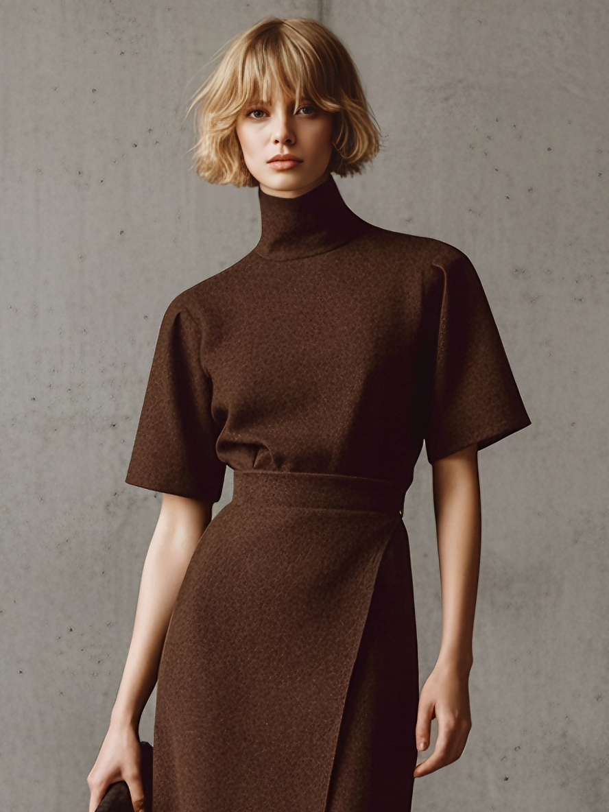 Women's Sleek Wool-Blend Chocolate Brown Turtleneck Short-Sleeve & Wrap Midi Dress MDA1582L9AU