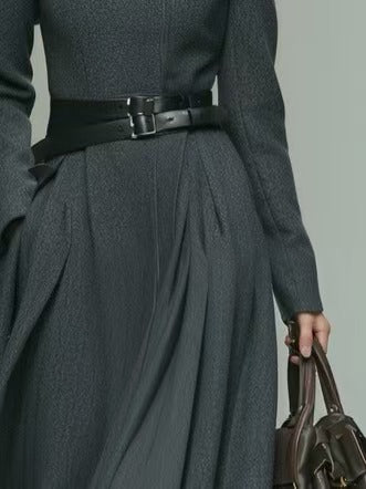 Elegant Grey Stand-up Collar, Fitted Shoulder Coat Dress For Women (belt Not Included) MDA0633K7AN