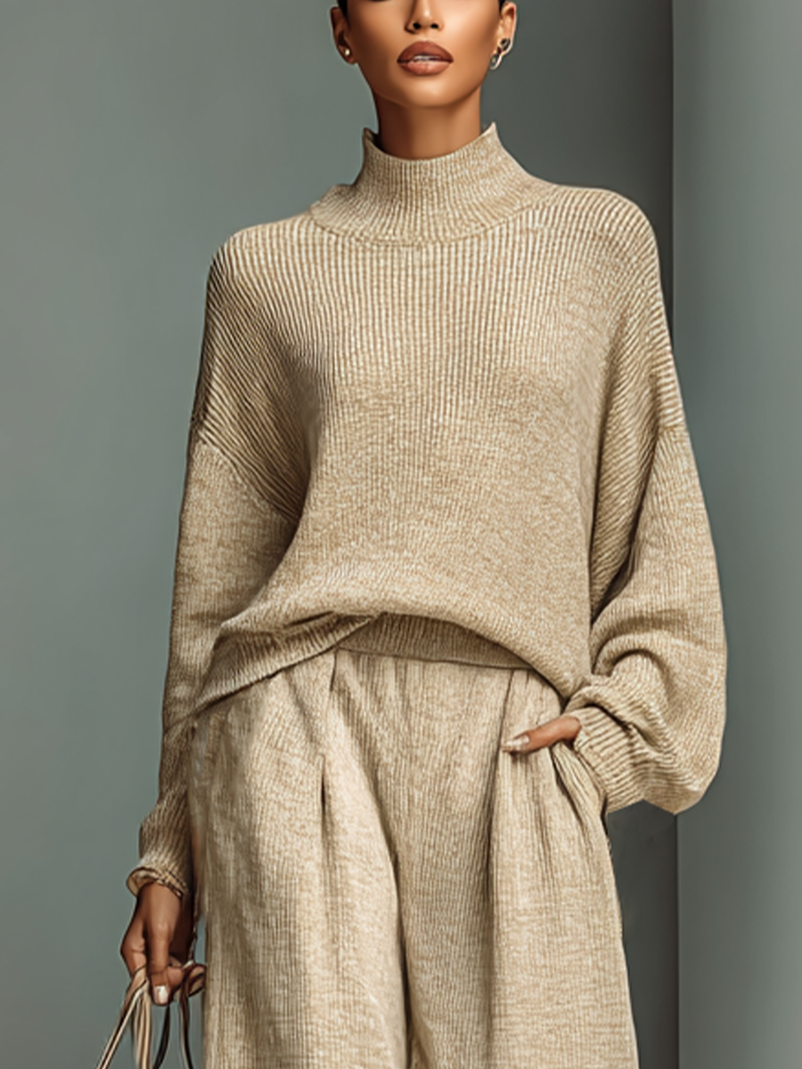 Women's Light Khaki Ribbed Knit Top And Casual Wide-leg Two-piece Set MDA1487K9T