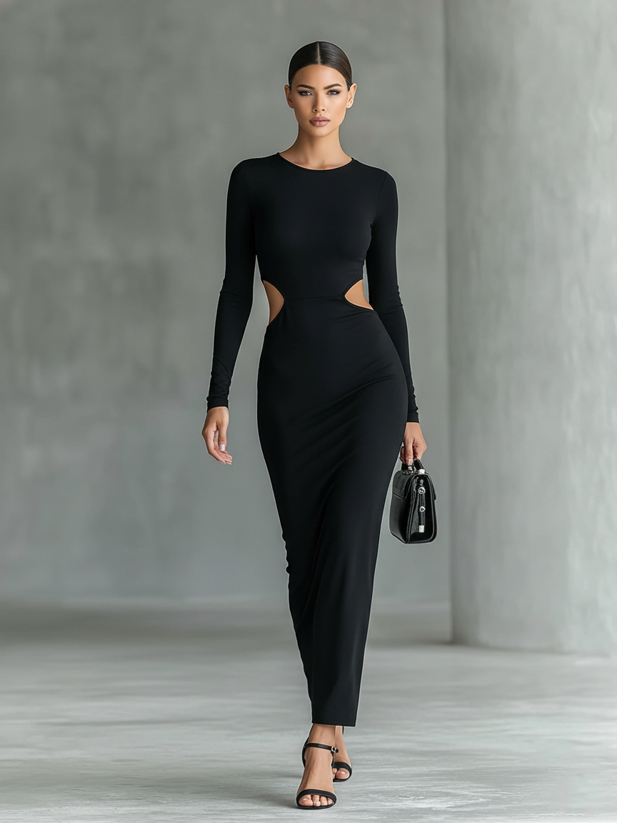 Women's Minimalist, Form-fitting, Stretchy Maxi Dress With A Cutout Waist MDA1781L1Y