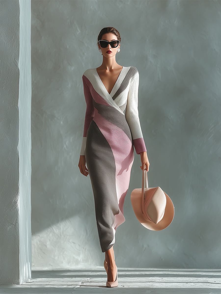 Women's Pink - Grey Sophisticated Rib - Knit Color - Block Maxi Dress MDA0888H1I