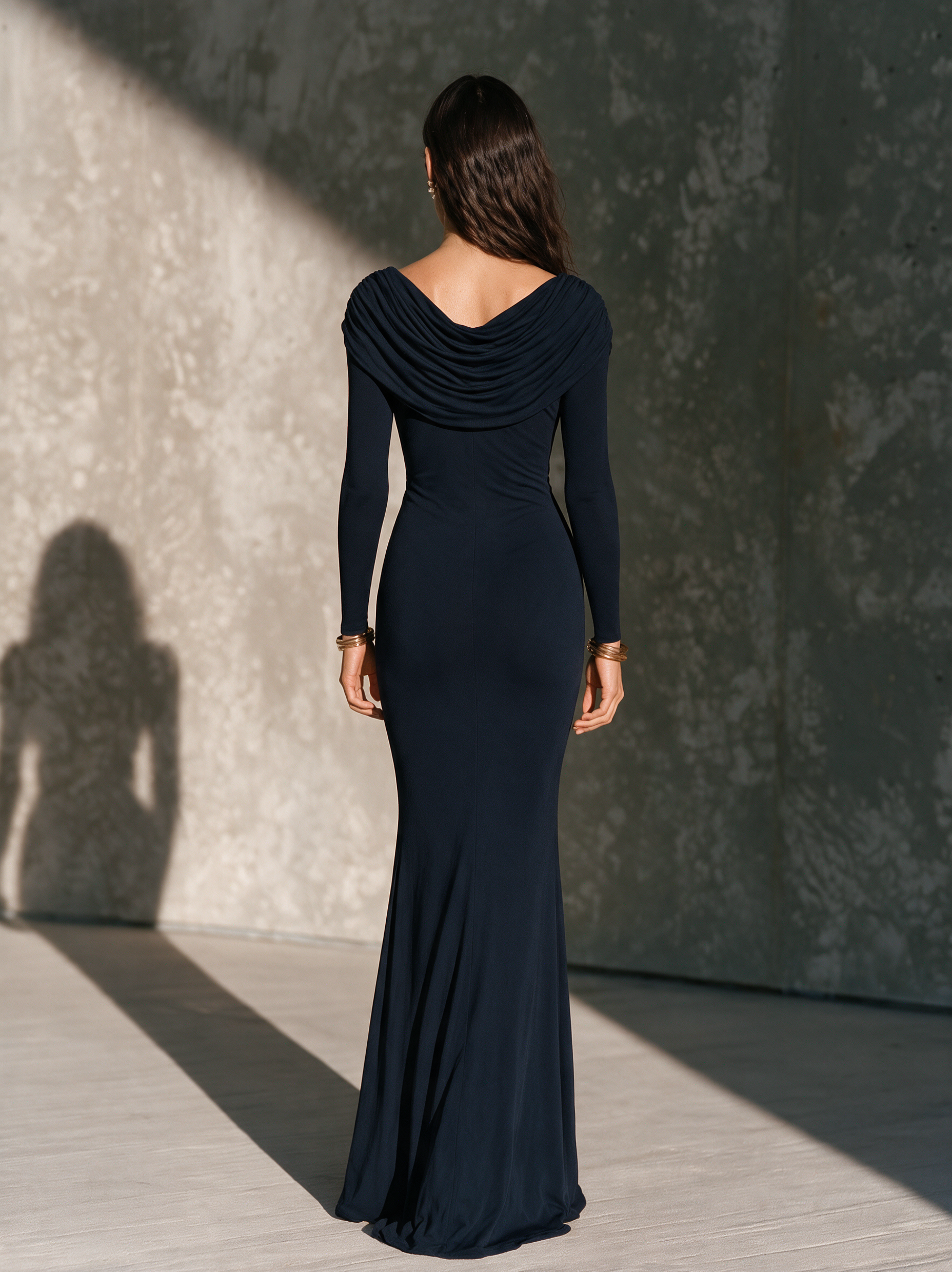 Women's Long-Sleeve Knit Maxi Dress With Ruched High Neck