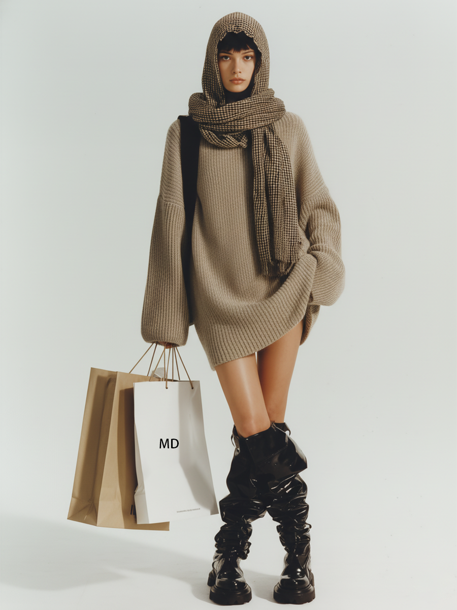 Women's Beige Knit Oversized Slouchy Hem Sweater Dress With Houndstooth Scarf MDA3169J2I