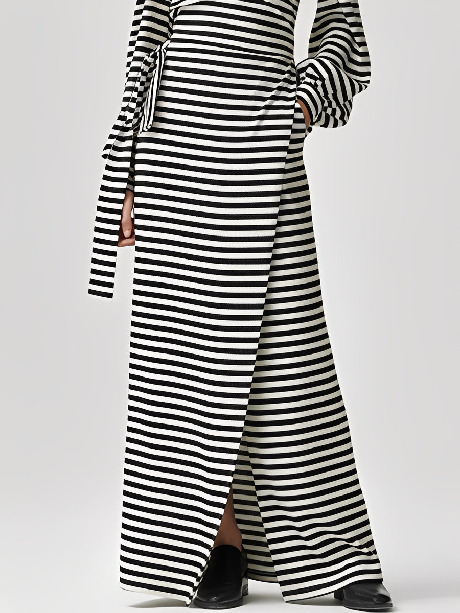Women's Monochrome Striped Textured Dress With Wrap Silhouette & High Slit, Modern Effortless Style Dress MDA1831L0I