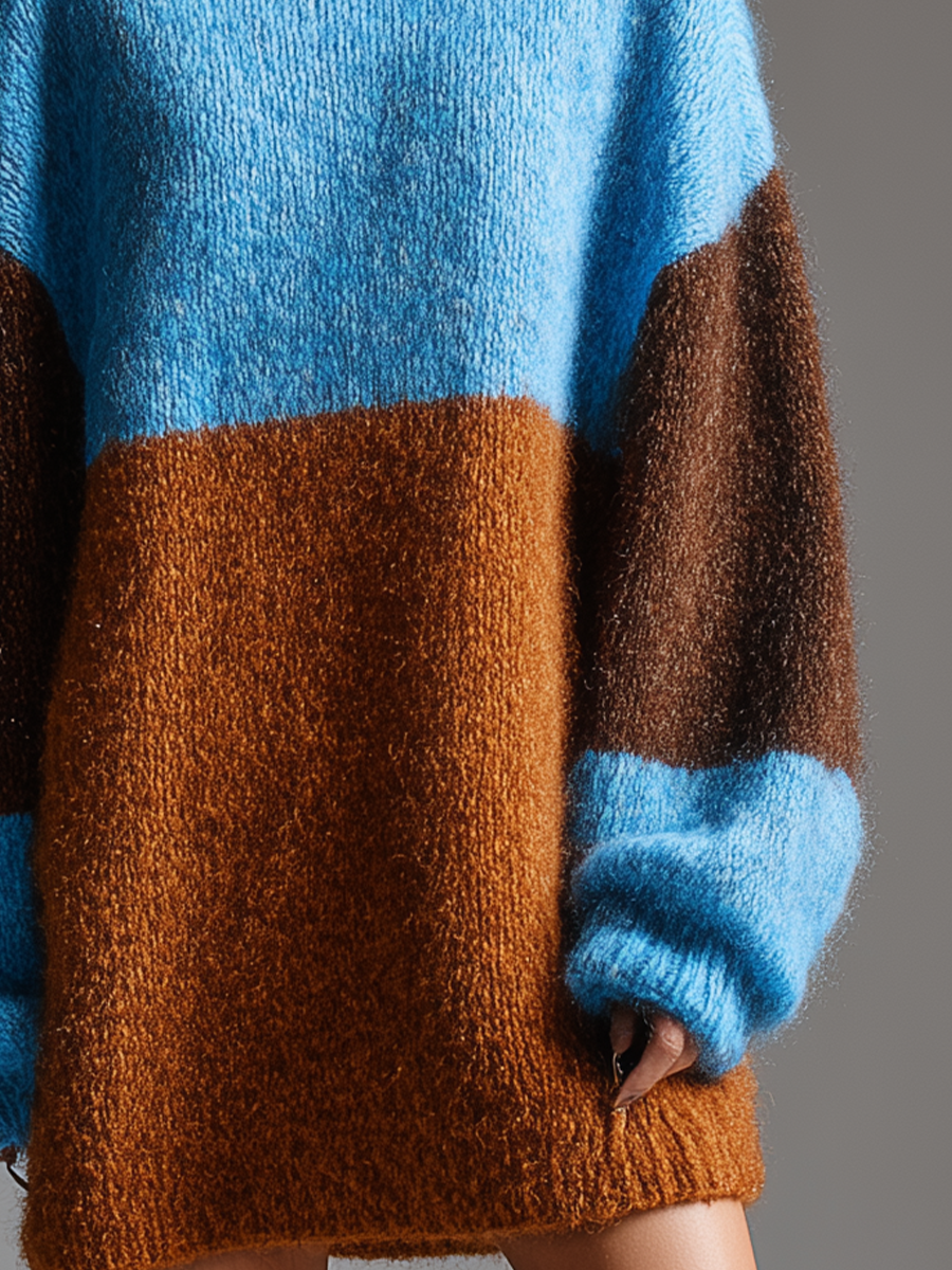 Women's Blue And Brown Color Block Knitted High-Neck Lantern Sleeve Mini Dress MDA0332K6T