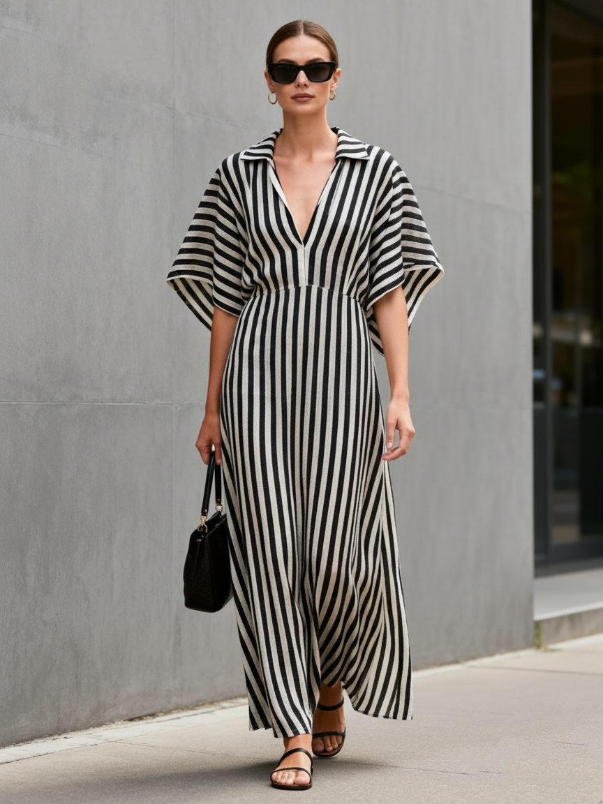 Women's Minimalist Loose-fitting Striped Linen Blend Short-sleeved Maxi Dress MDZ0566A4Y