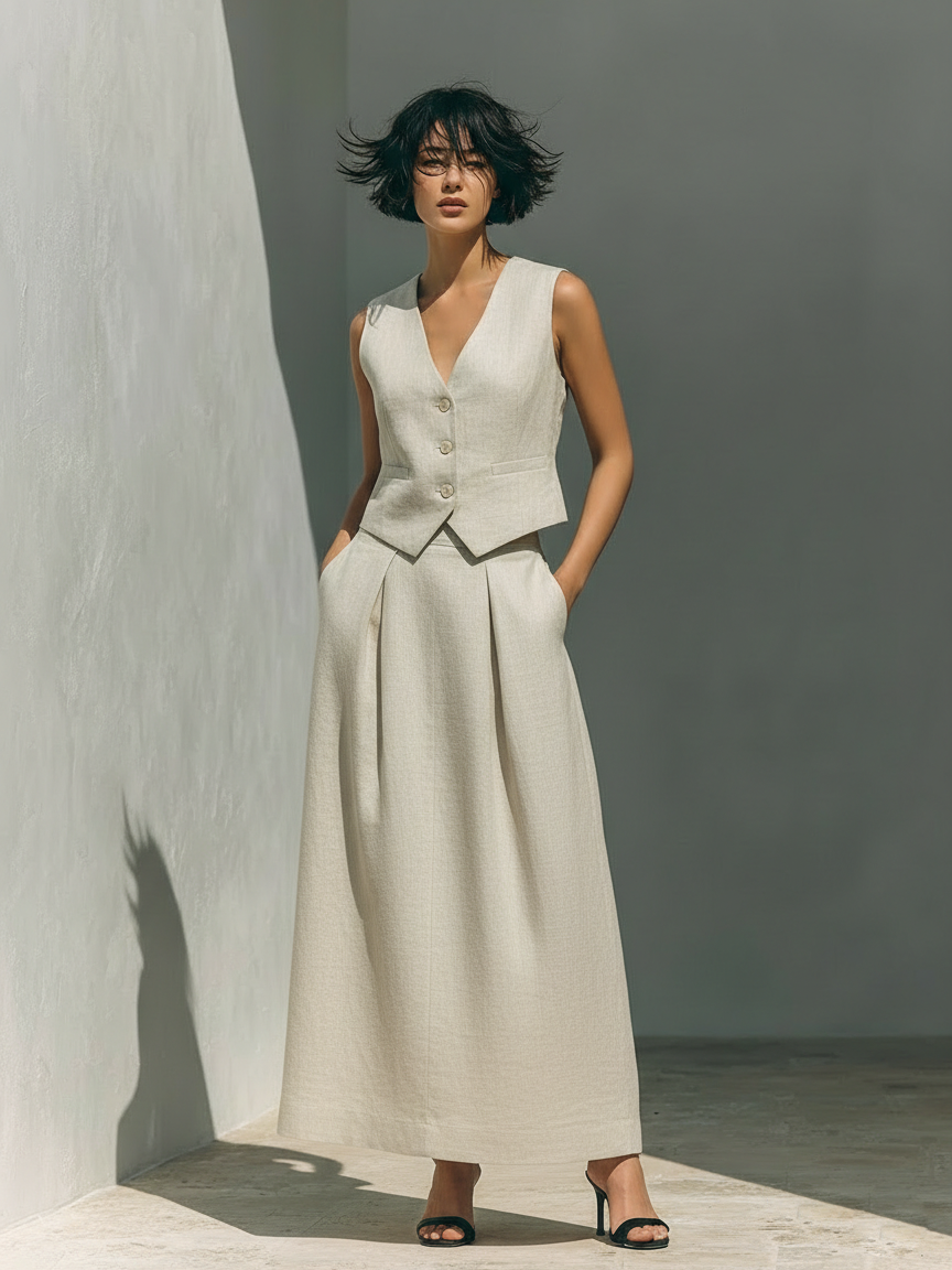 Women's Minimalist Linen Blend Vest And Skirt Set MDZ2652B0Y