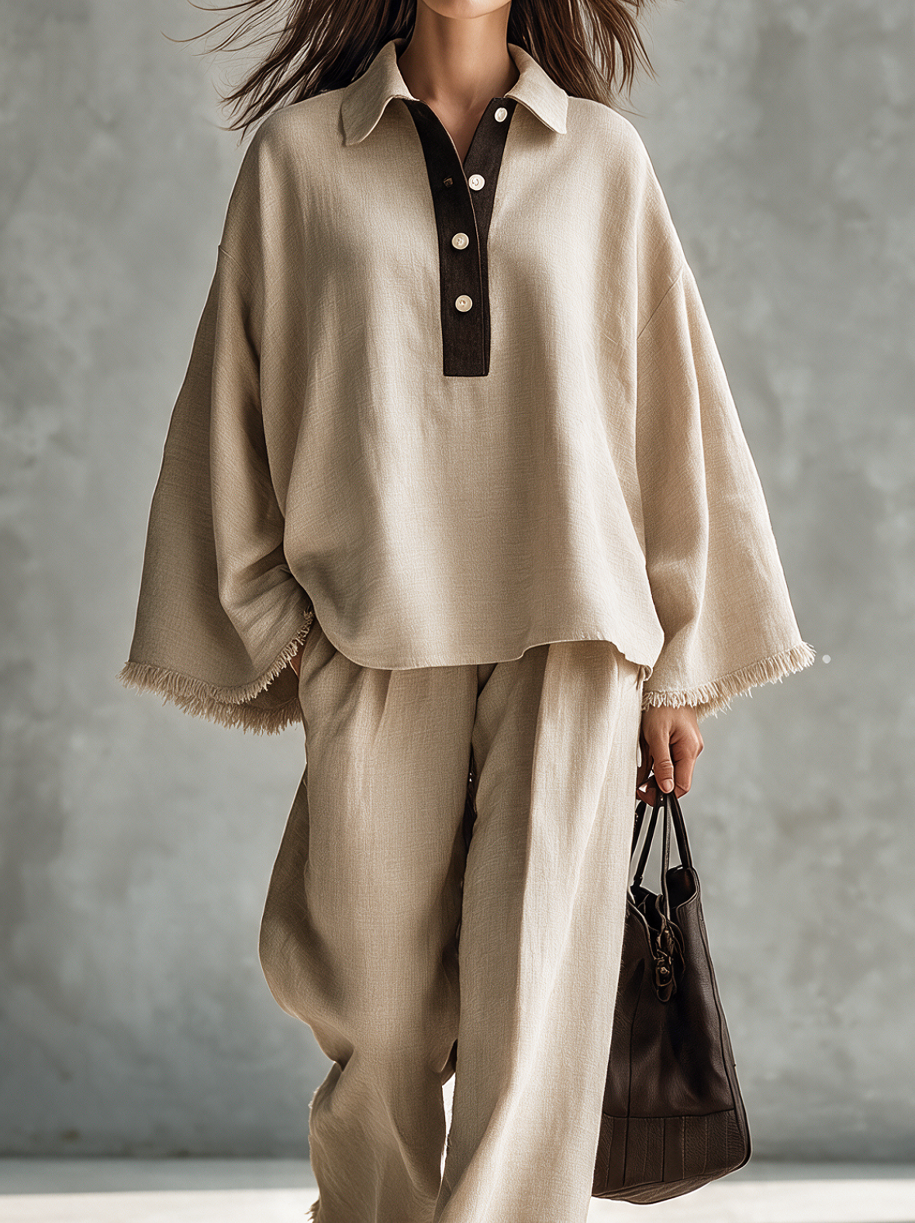 Women's Casual Khaki Cotton-Linen Long-Sleeve Top And Trousers With Raw Edges Two-Piece Set MDZ3121H9LXY