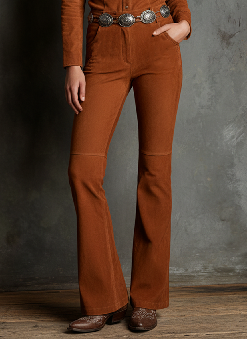 Women's Faux Suede Shirt And Flared Trousers Set (belt Not Included) MDA0439K1Y
