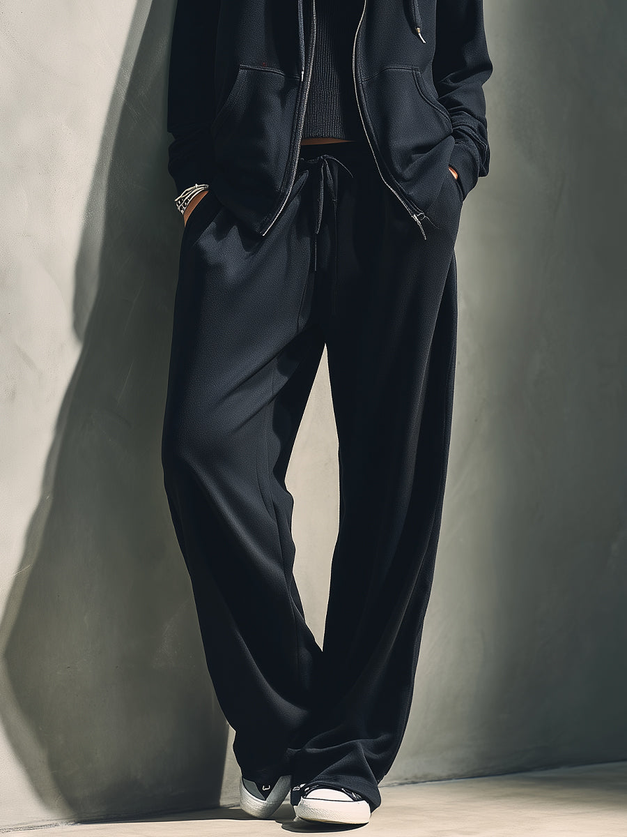 Women's Black Cotton-Blend Oversized Loungewear Set With Hoodie & Drawstring Pants, Effortless Athleisure Set MDA2498J3I