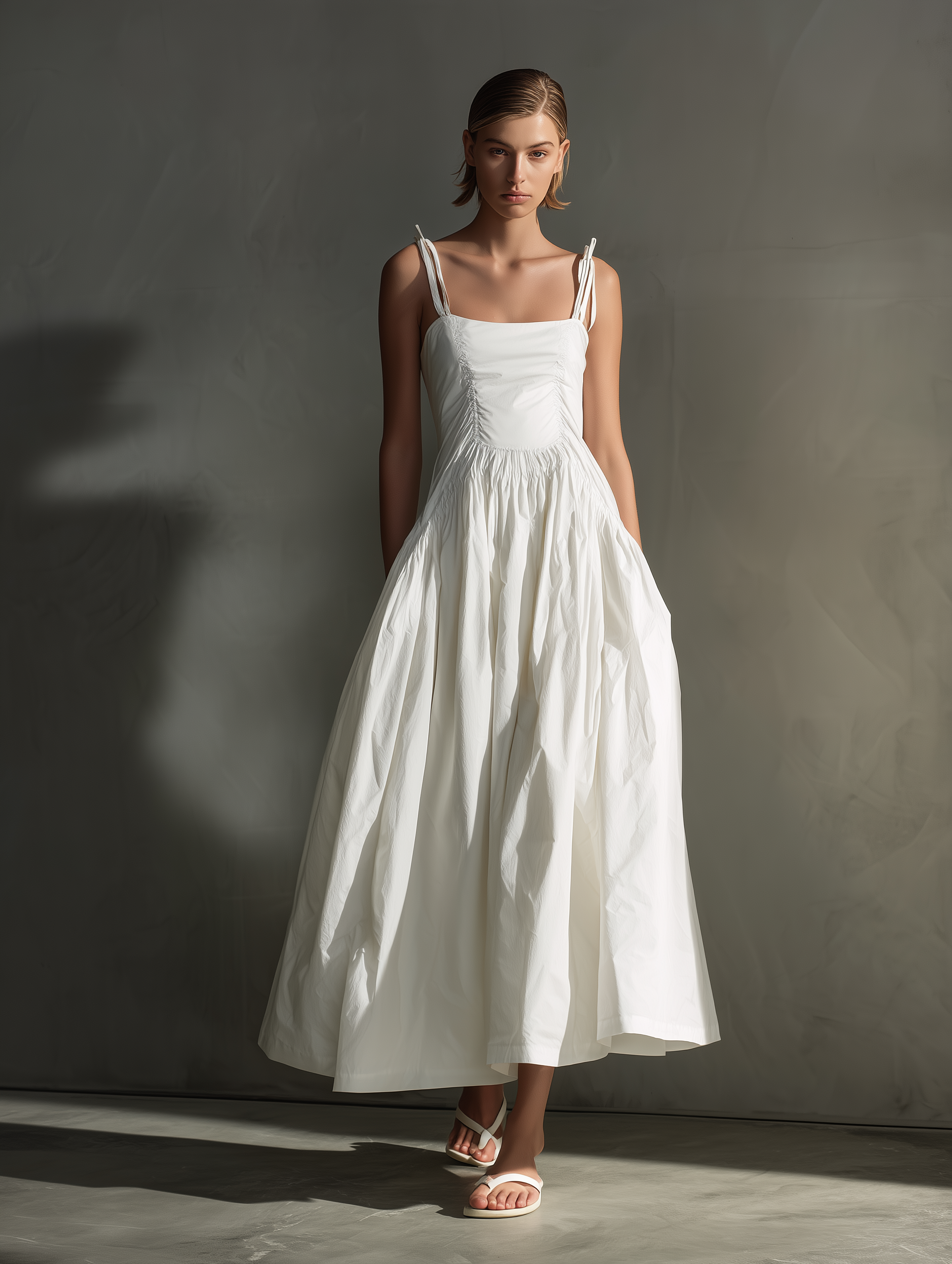 Women's Elegant White Woven Sleeveless Slip Dress With Elasticated And Ruched Waist MDZ0931A0AN