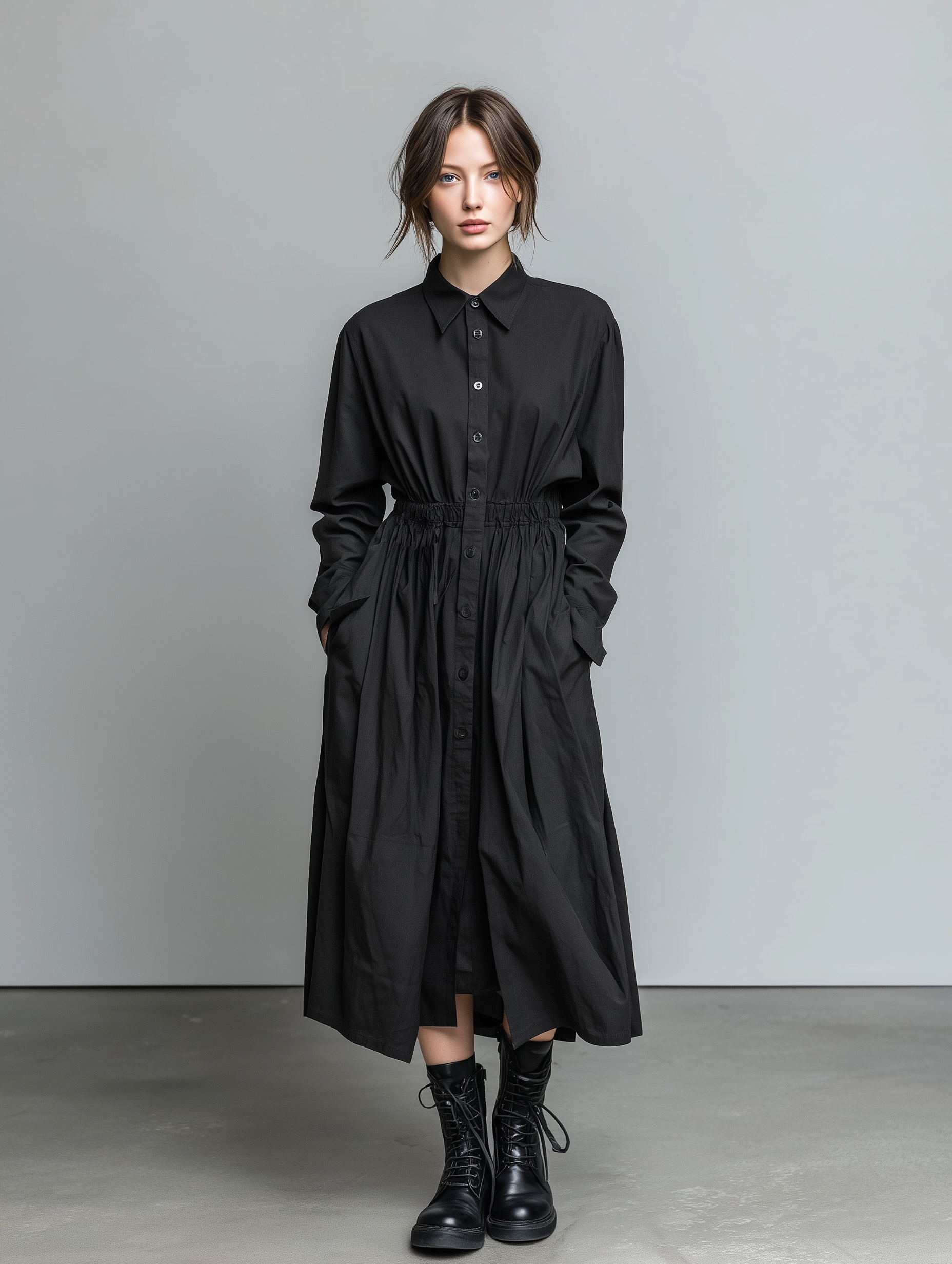 Women's Elegant Black Woven Shirt Collar Long-sleeved Midi Dress MDA2281L0AN