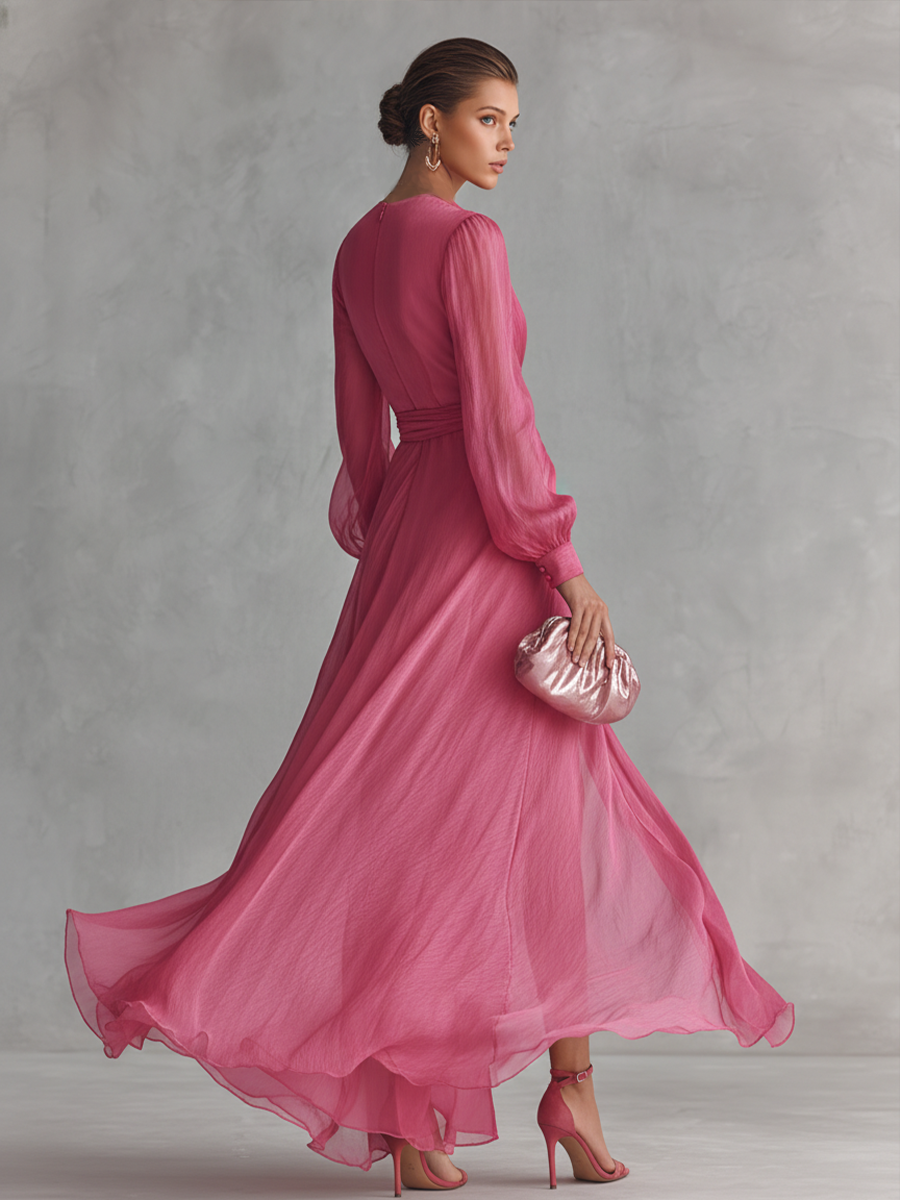 Women's Elegant Rose Pink Pearl Chiffon V-neck Tie-waist Long Dress MD   Modesees