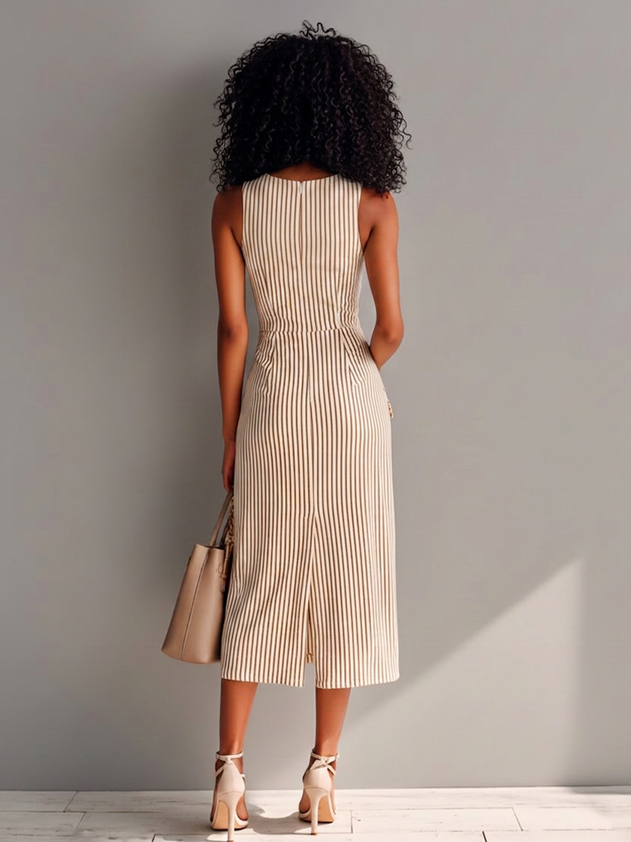 Women's French Vintage Brown And White Striped Cotton Blend Single-breasted Slim-fit Midi Dress MDZ2835D3GMJ
