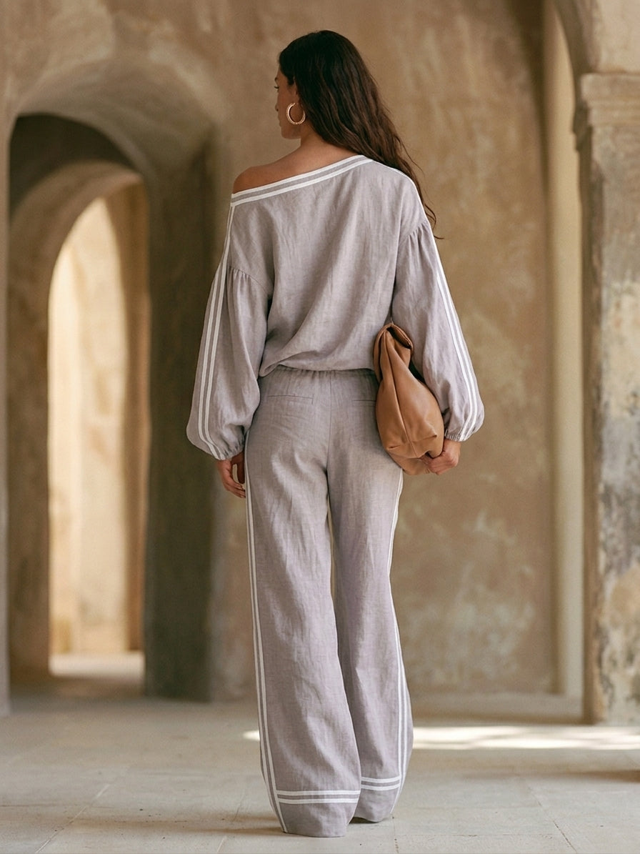 Women's Linen-Blend Asymmetric-Shoulder Striped Long-Sleeve Top & Wide-Leg Pants Set MDZ0343H7ZRK