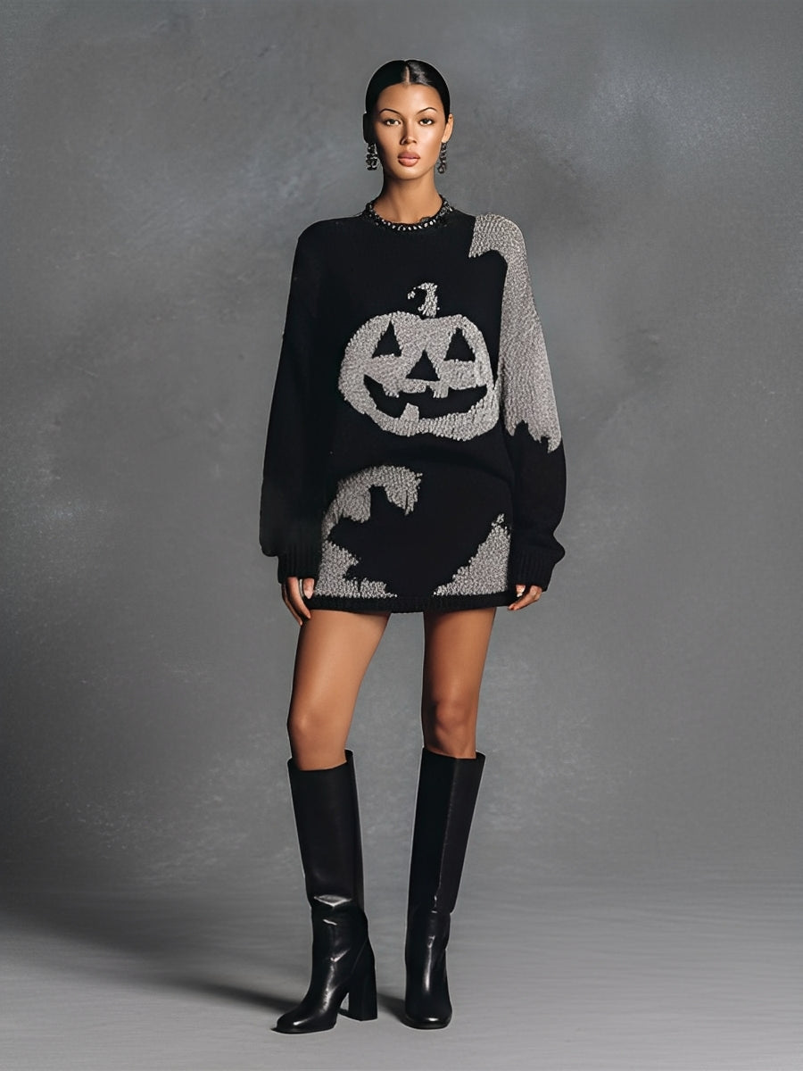Women's Black - Grey Playful Knit Halloween Pumpkin Graphic Oversized Sweater Dress MDA1759J9I