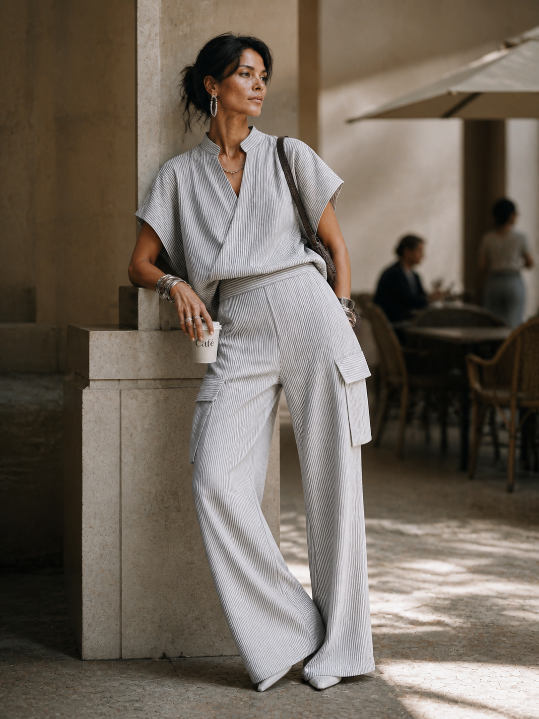Women's Casual Vacation Gray White Cotton Blend Striped Wrap Top Cargo Pocket Wide-Leg Pants Set MDZ1618G6GMJ