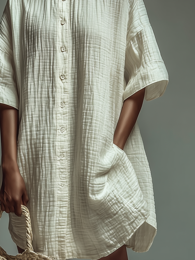 Women's Fashionable and Casual White Mid-Sleeve Shirt Collar Cardigan Loose Short Dress MDA1751K8AN