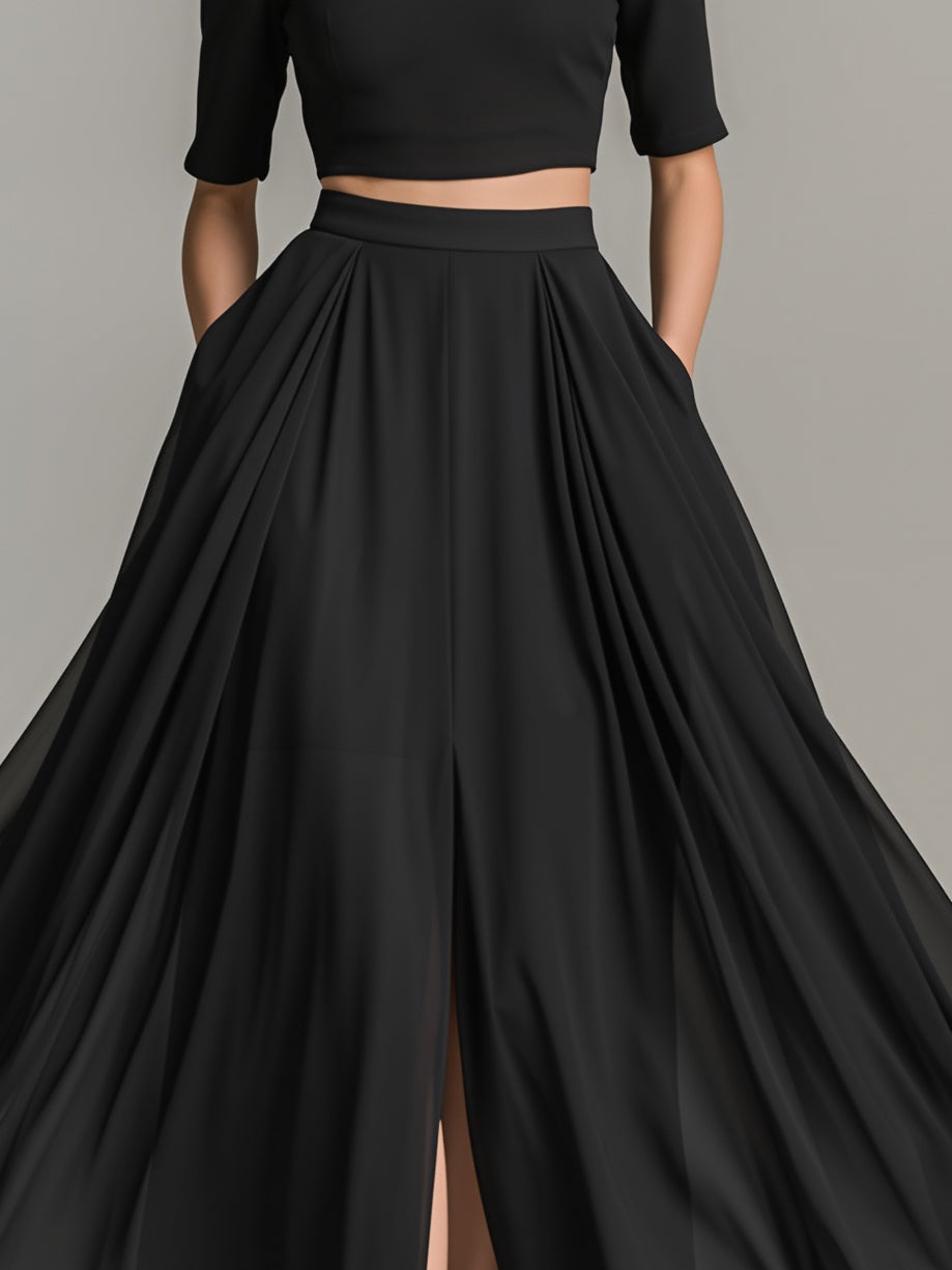Women's Fashionable And Elegant Black Round Neck Fitted Short Long-sleeved Top Paired With A Black Chiffon Long Skirt That Is Lightweight And Stretchy MDA1924K7AN