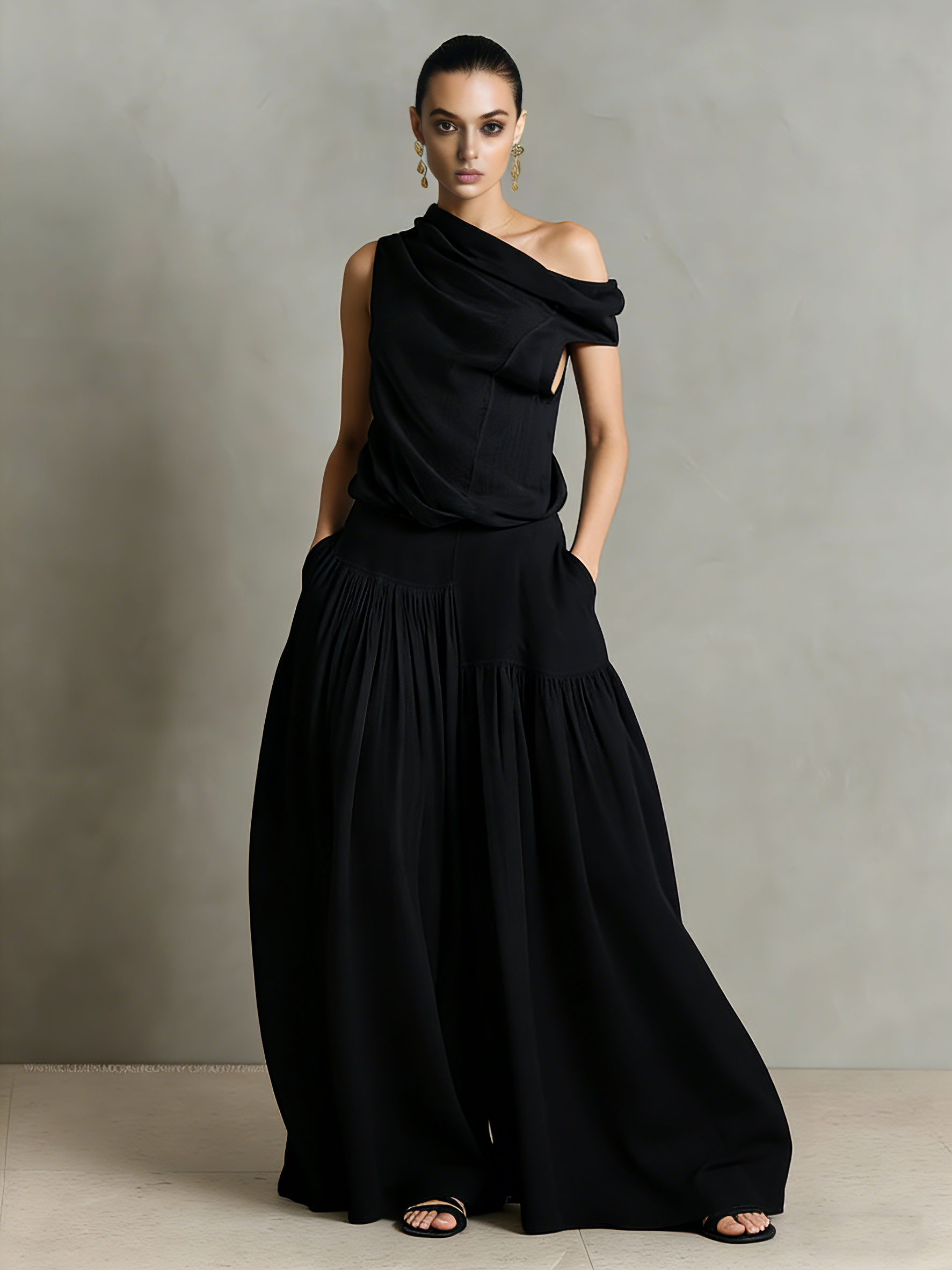 Women's Minimalist Off-shoulder Blouse With Loose-fitting Wide-leg Pants Set