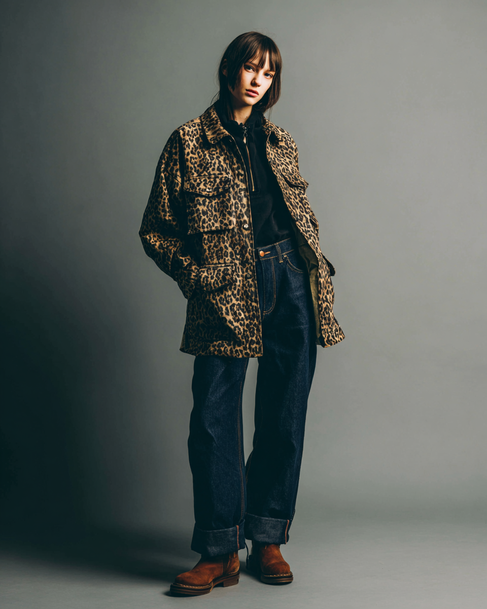 Women's Brown Leopard Print Cotton Blend Multi-Pocket Loose-Fitting Jacket MDA1472K5T