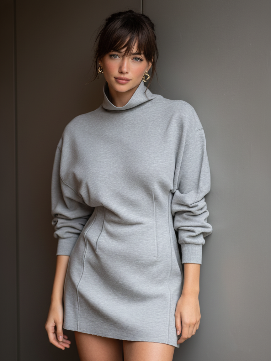 Women's Casual Mock Neck Long-sleeved Sweatshirt Mini Dress MDA2235K5Y