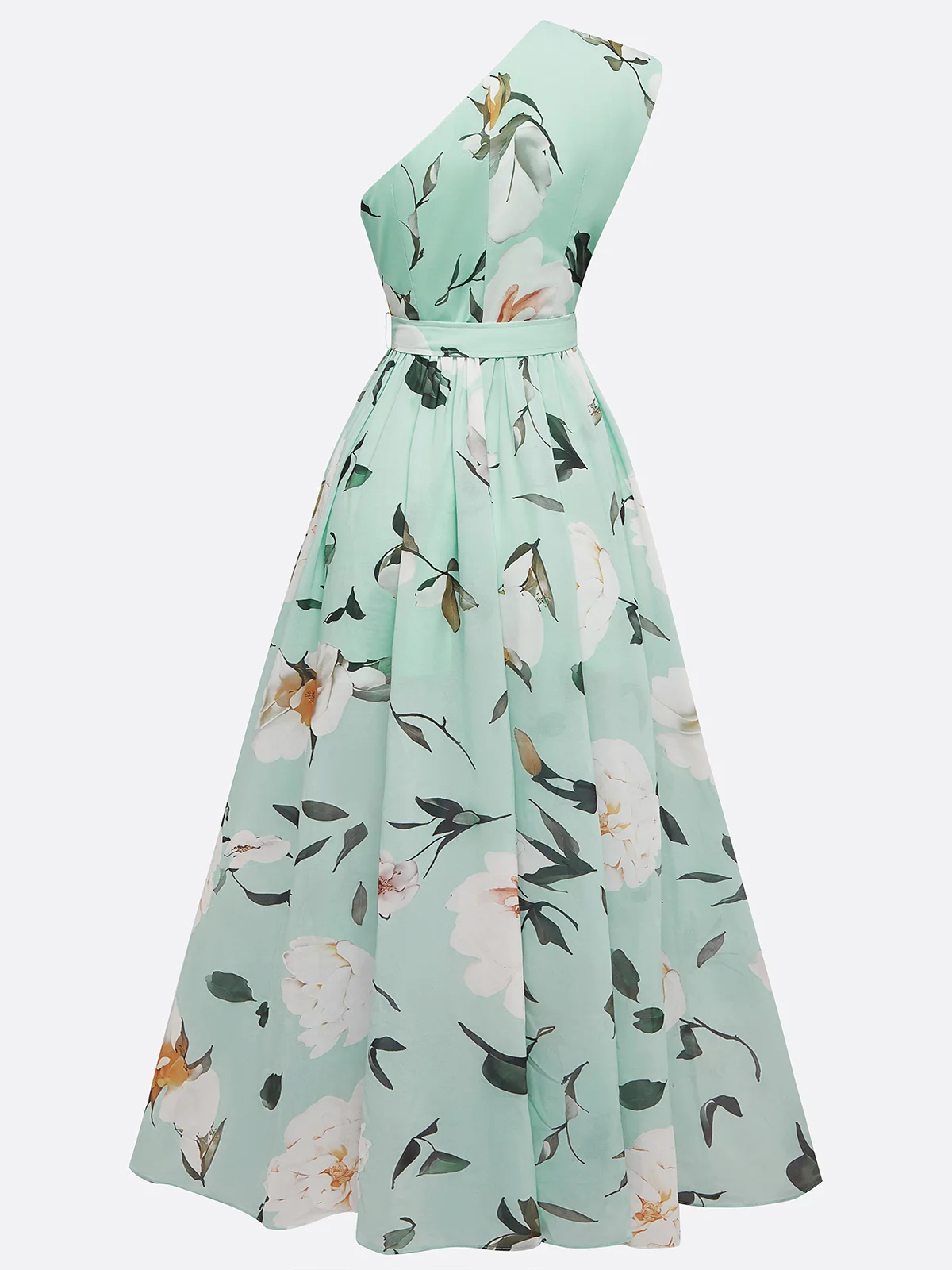 Women's Chiffon Print Asymmetric Off-shoulder Maxi Dress（Belt Included）MDA1112F3Y