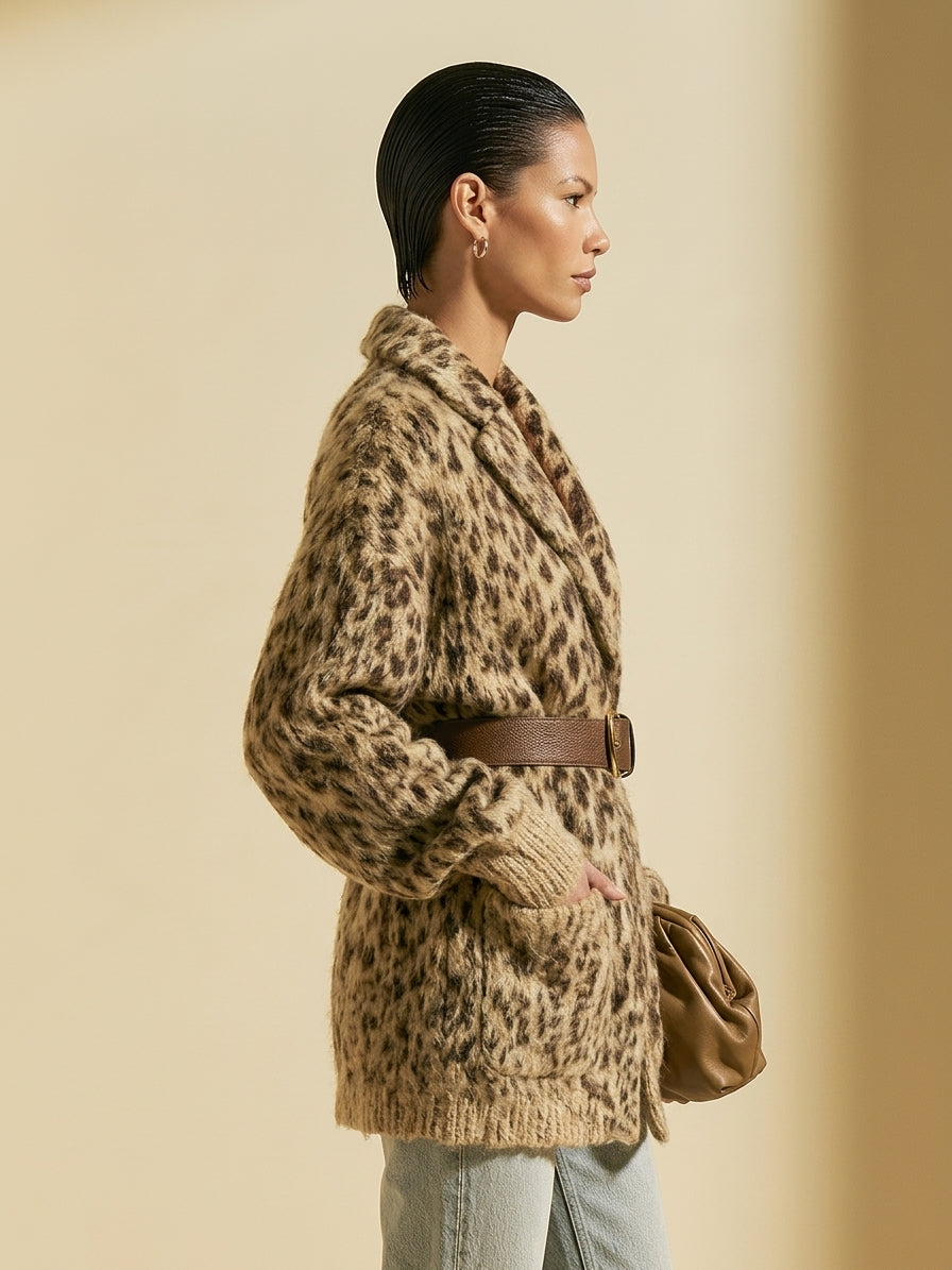 Women's Oversized Leopard Print Fuzzy Knit Cardigan